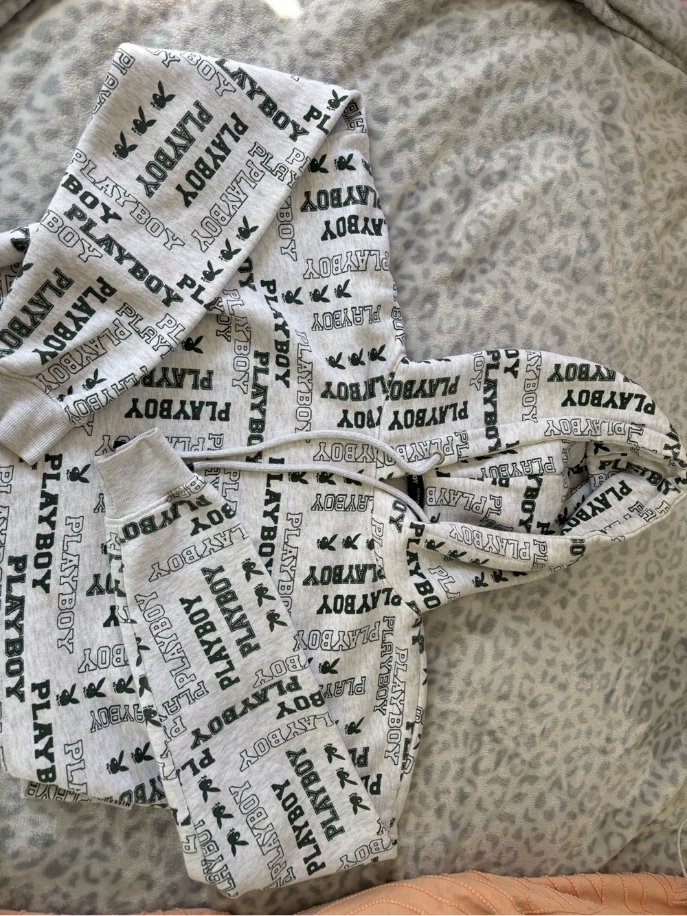 PLAYBOY Gray Hoodie with Green Logo Print